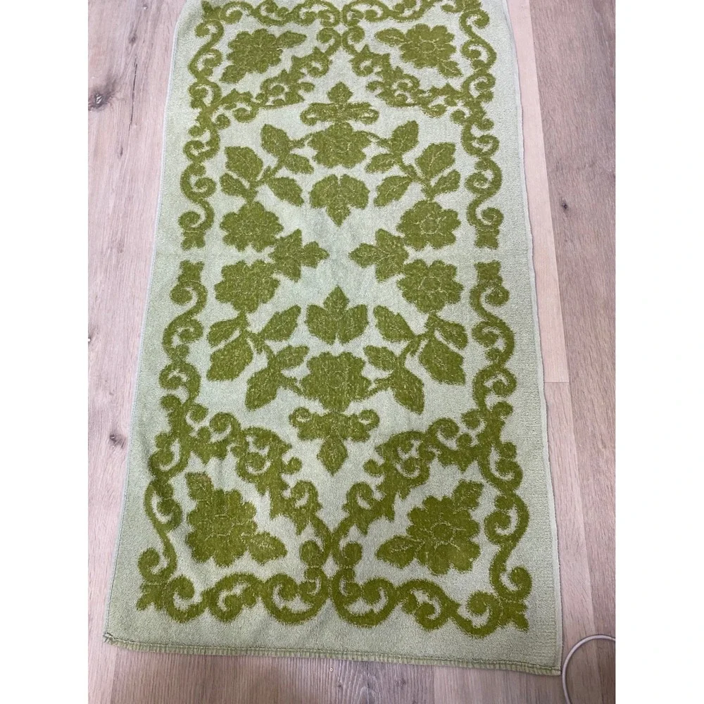 Vintage Avocado Green Damask Floral Cotton Terry Cloth Towel Retro MCM Boho
